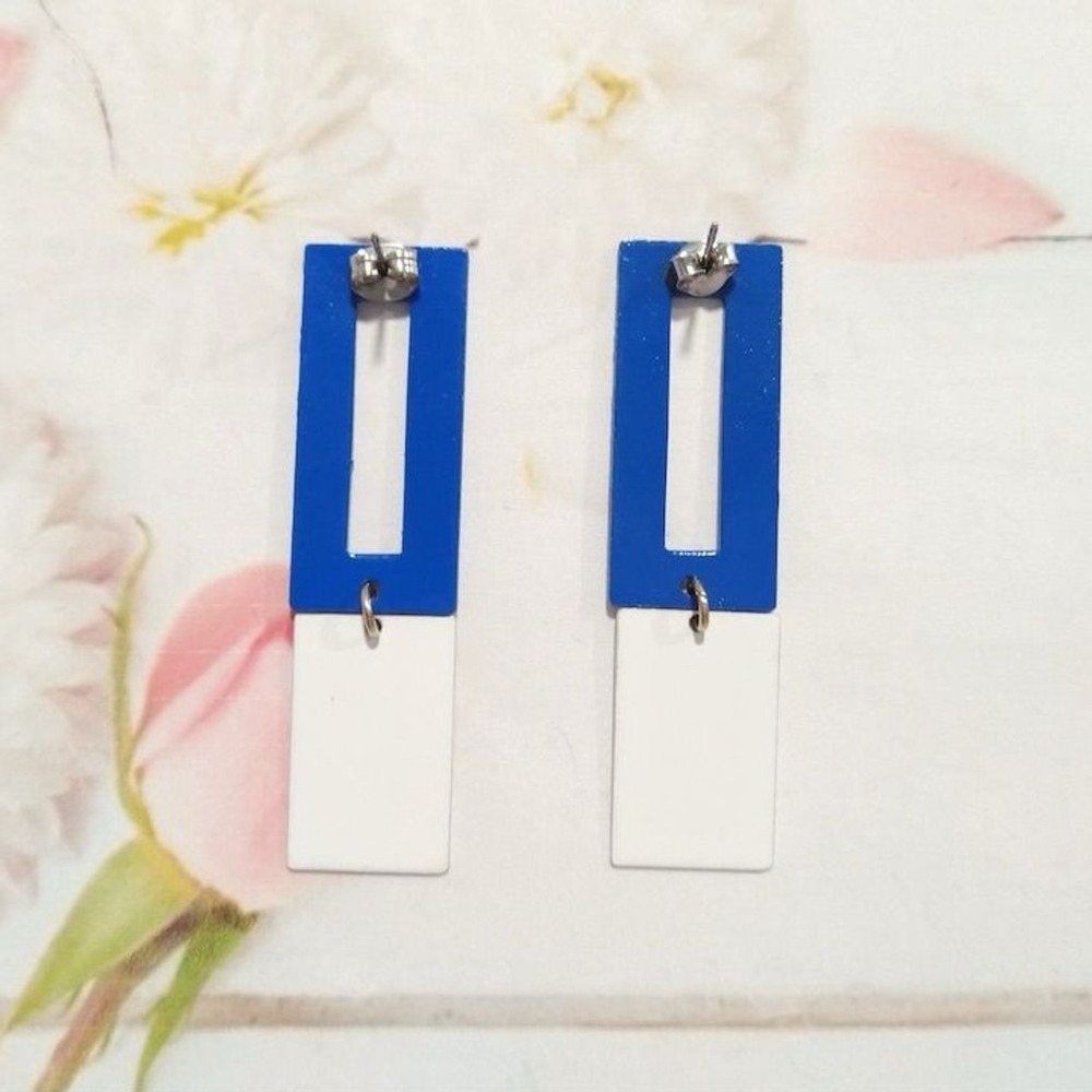 Vintage Blue Geometric Dangle Earrings Pierced 80s Retro Enamel Statement EC2